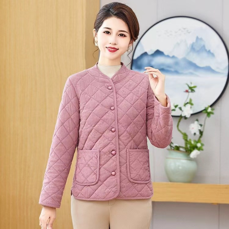 加厚款常规立领公主袖中老年女装加绒加厚短款棉绒