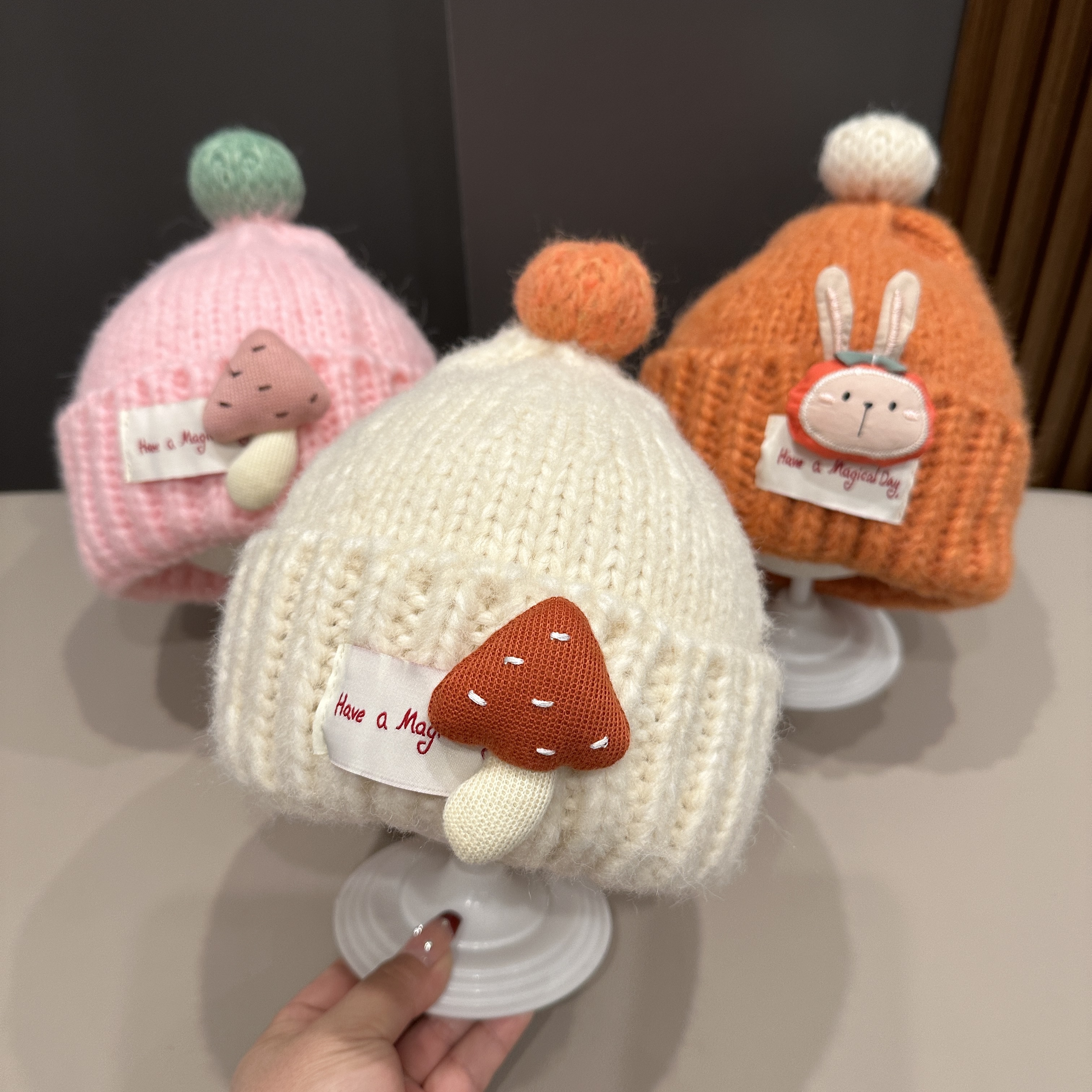 【活泼可爱】儿童帽秋冬加厚保暖毛线可爱小兔蘑菇男女宝宝套头帽潮