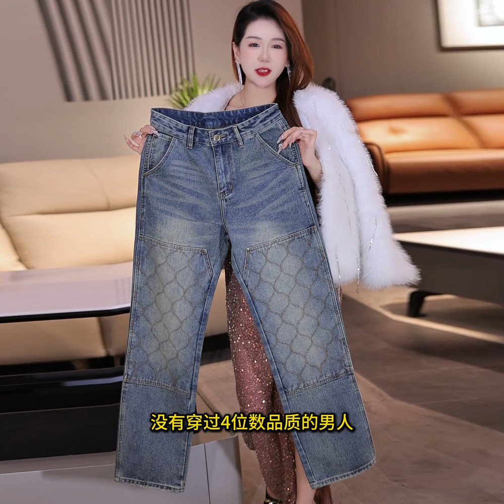 高端美式潮牌牛仔裤男士宽松大直筒阔腿伐木裤大口袋高级感复古