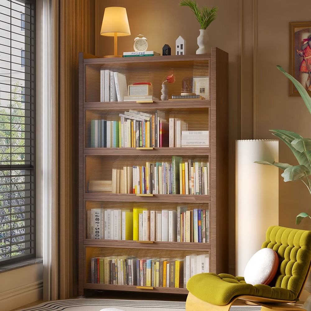 木纹书柜储物防尘钢制落地书架家用翻门收纳客厅一体中古风置物柜