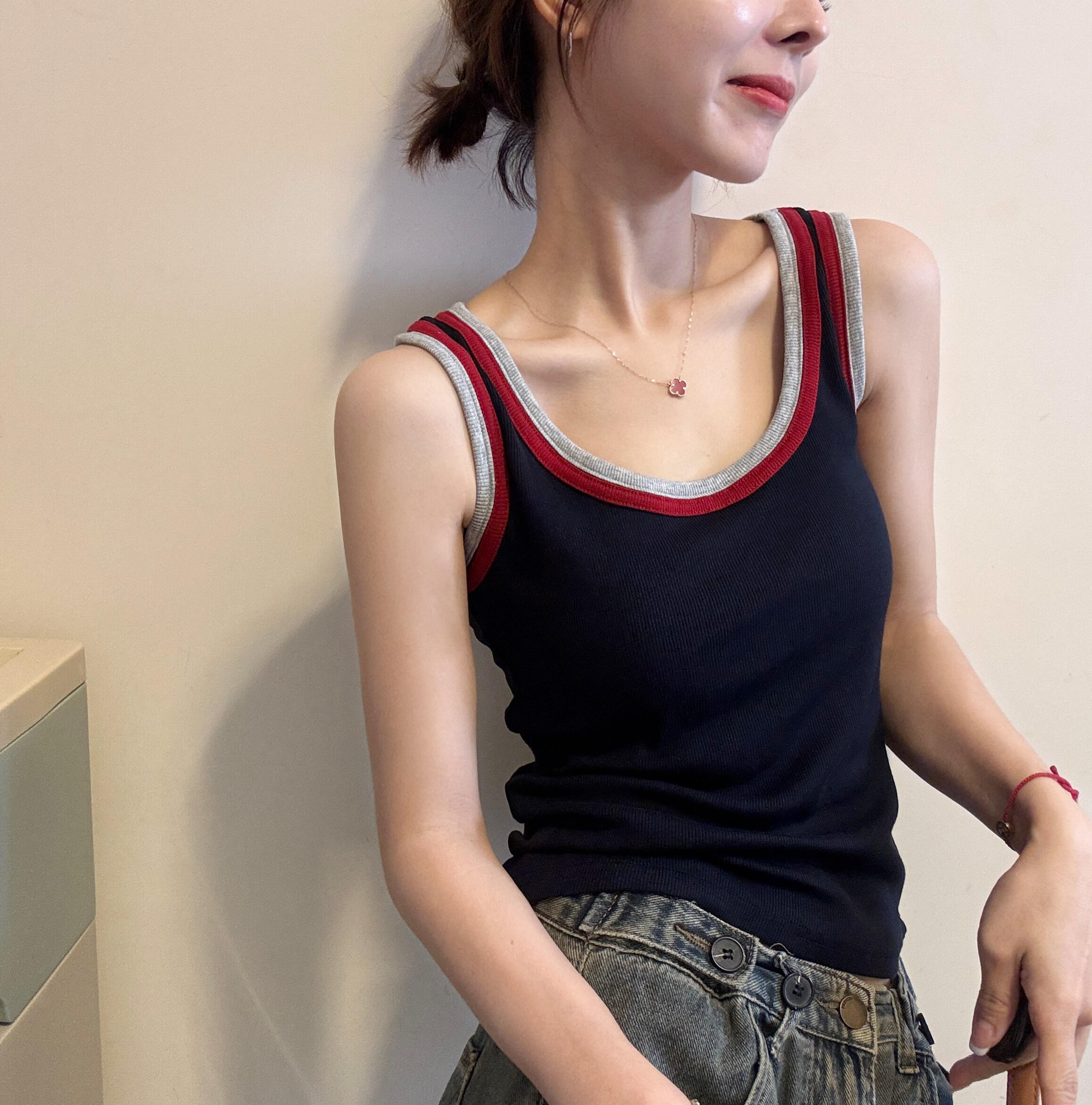 原版新款美式背心女一体式固定杯撞色拼接棉吊带背心百搭外穿韩版