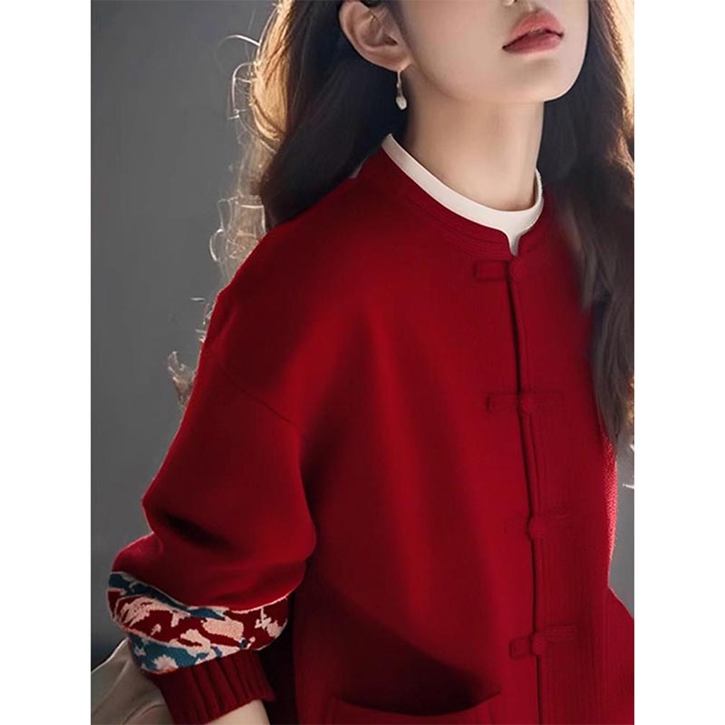 新中式国风红色本命年针织衫女春秋季2025新款新年战袍慵懒风毛衣