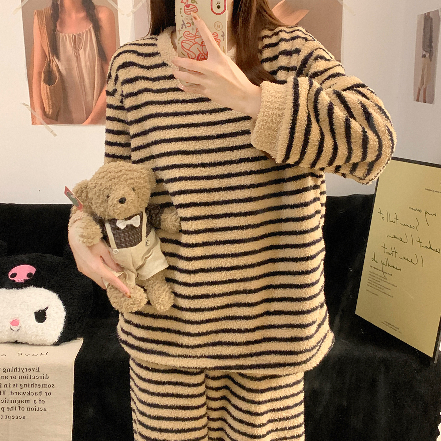 半边绒睡衣女款秋冬慵懒风奶黄条纹时尚加厚珊瑚绒大码家居服套装