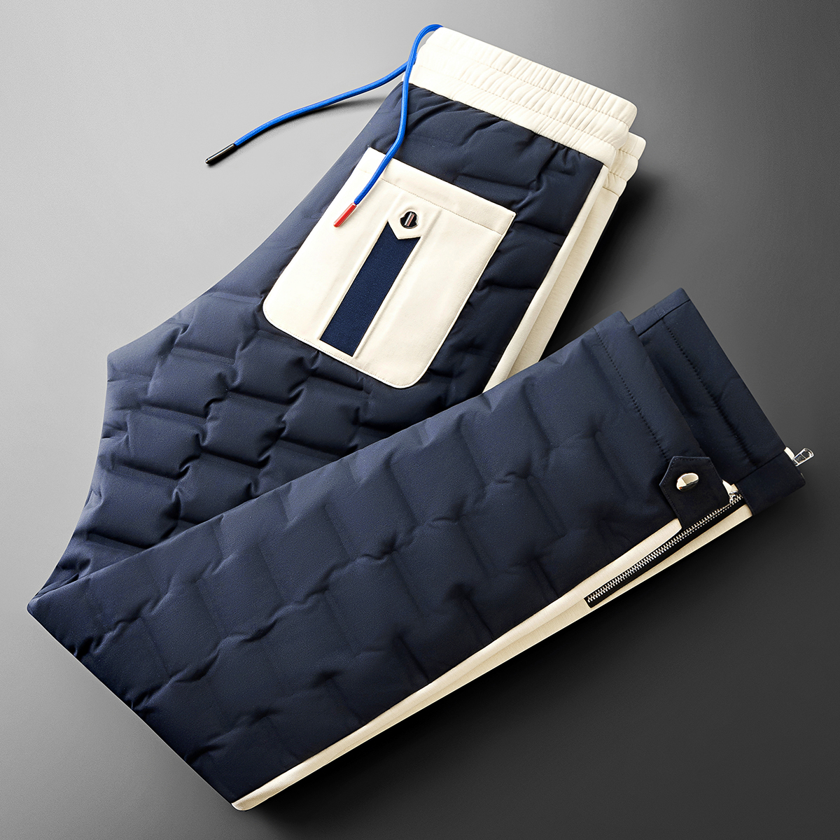 路约威格冬季加厚保暖白鸭绒时尚撞色拼接外穿防水直筒休闲羽绒裤