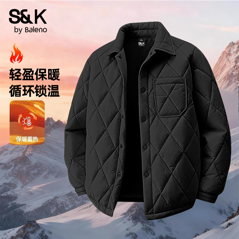 班尼路菱形格翻领棉服男2025秋冬款轻盈保暖外套男时尚百搭上衣X1