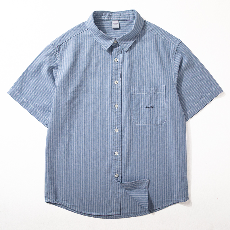 日系短袖衬衫男夏季新款潮牌百搭条纹宽松半袖文艺休闲休闲衬衣潮