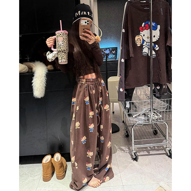 美式复古kt猫印花阔腿卫裤女冬季加绒加厚休闲宽松慵懒运动直筒裤