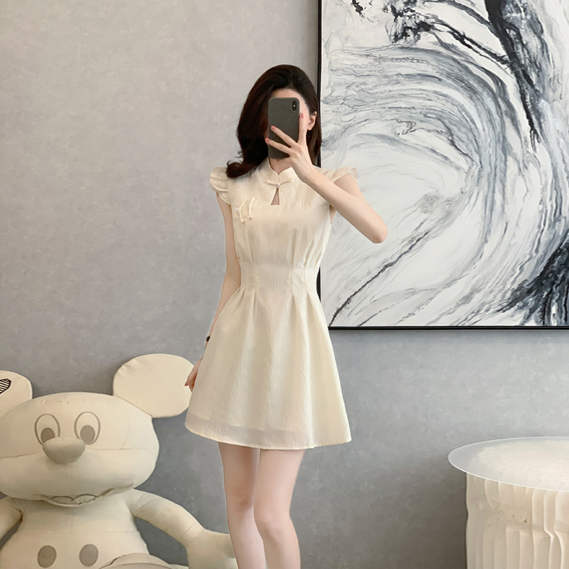 直襟时尚无袖a字裙女小个子夏季娃娃领短款旗袍连衣裙显瘦气质