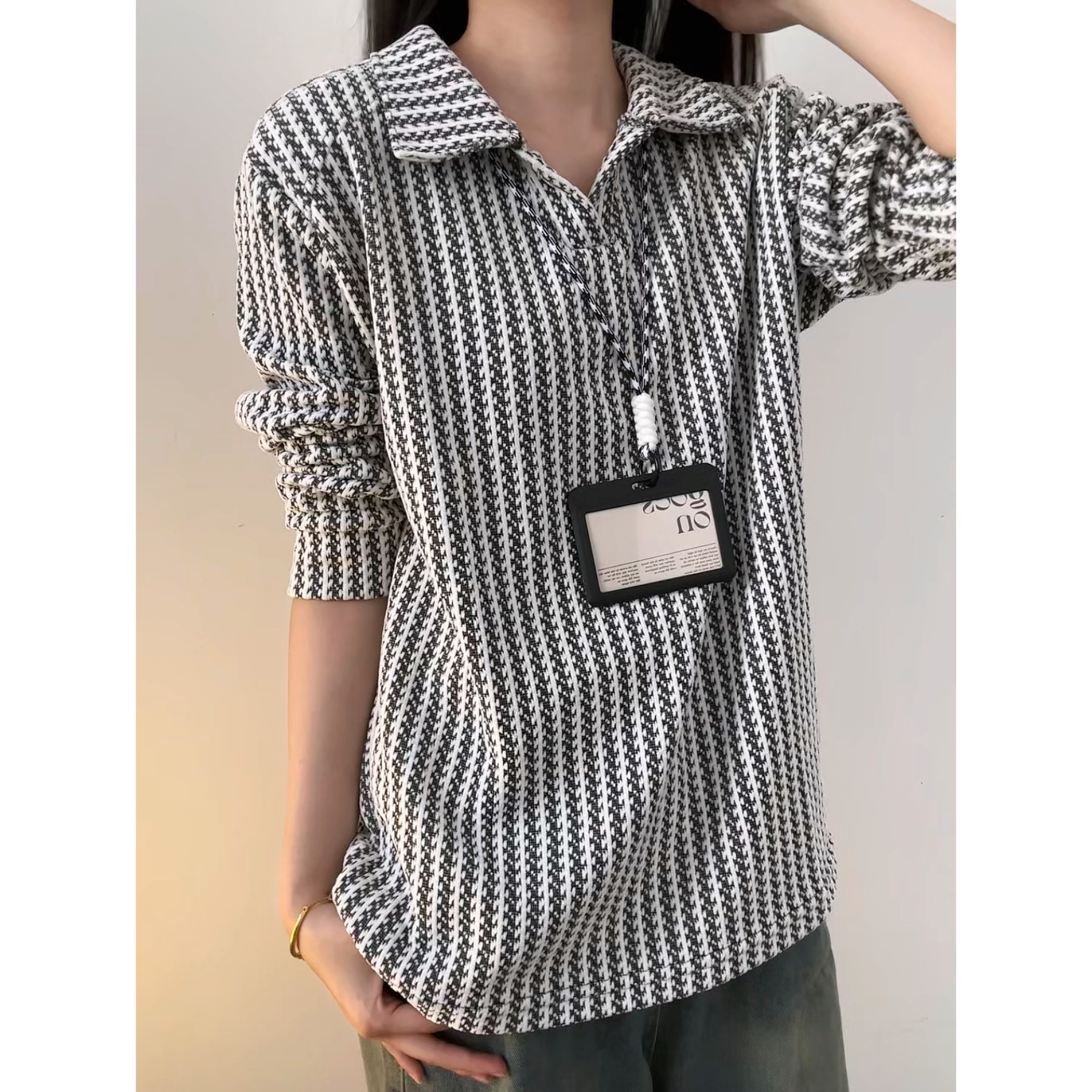 小香风鱼骨纹翻领卫衣男秋季美式复古重磅正肩POLO衫内搭长袖t恤