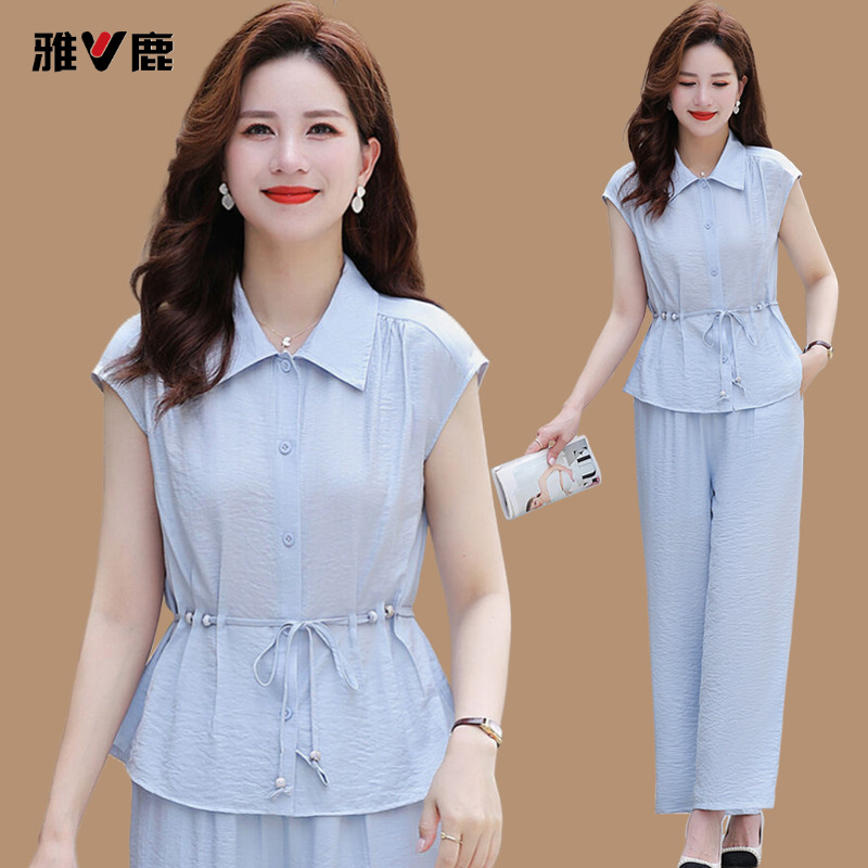 雅鹿优选妈妈气质衬衫套装2025新款短袖上衣中老年女装夏装休闲显