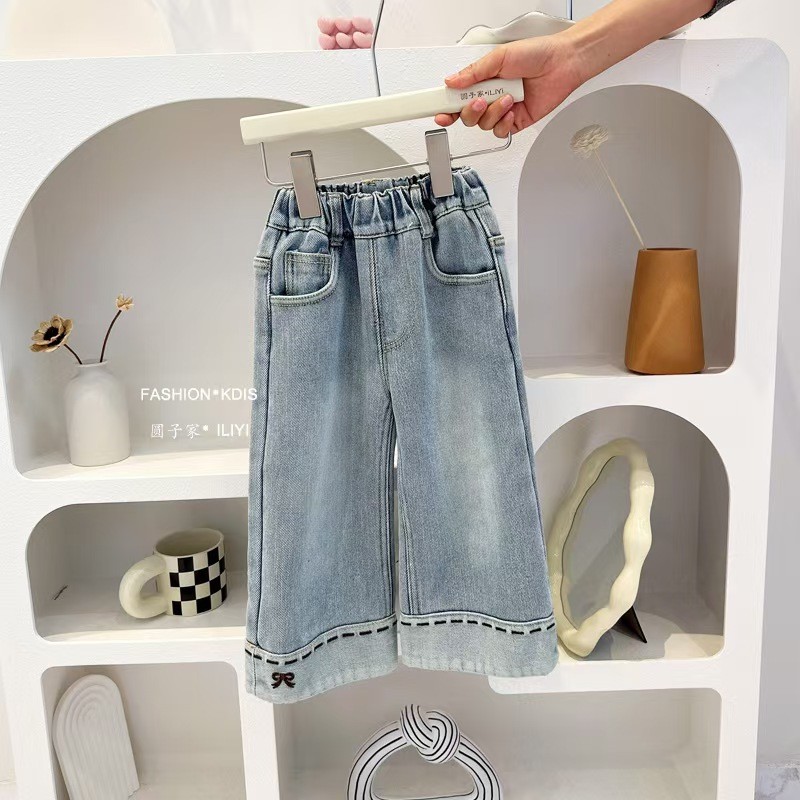 女童加牛仔裤冬春款2025新款儿童松紧腰翻边直筒潮流