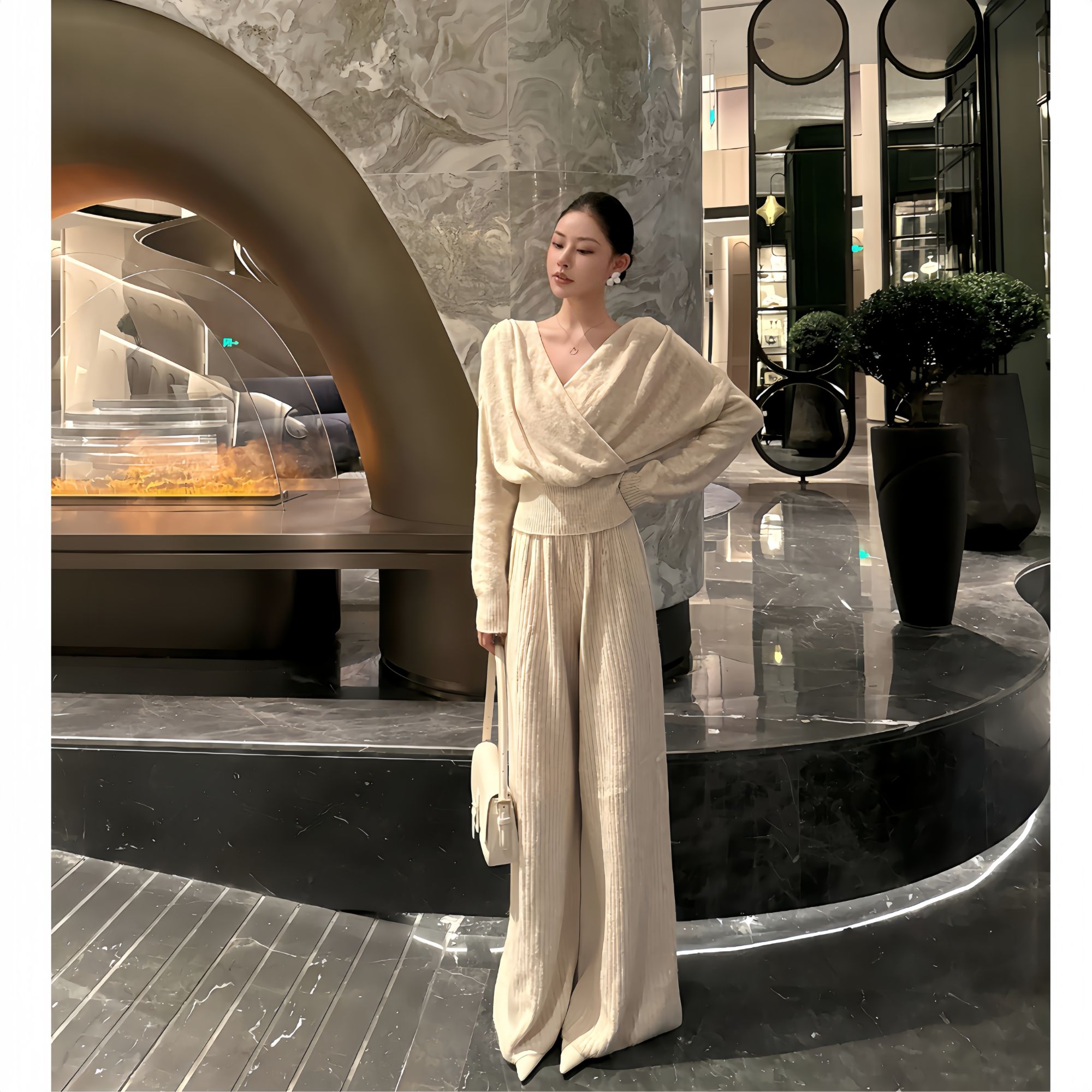薄款上衣秋季休闲风秋冬阔腿裤+上衣时尚套装休闲显瘦时尚法式