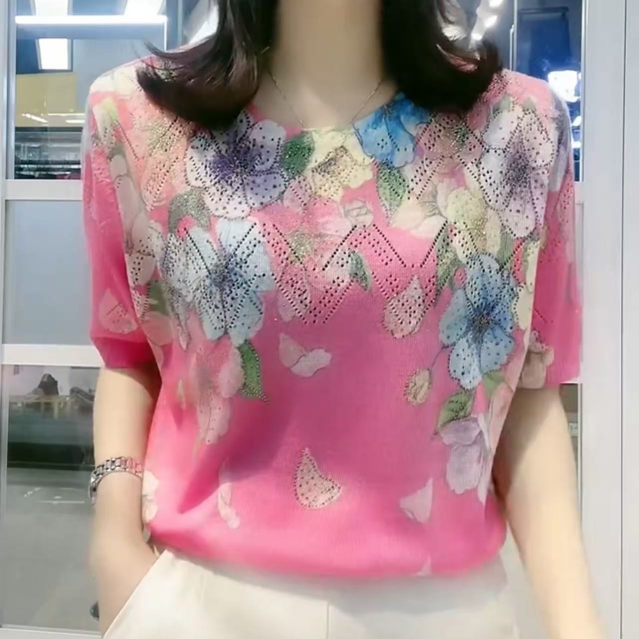 04夏季新款印花烫钻短袖T恤遮肚显瘦女装