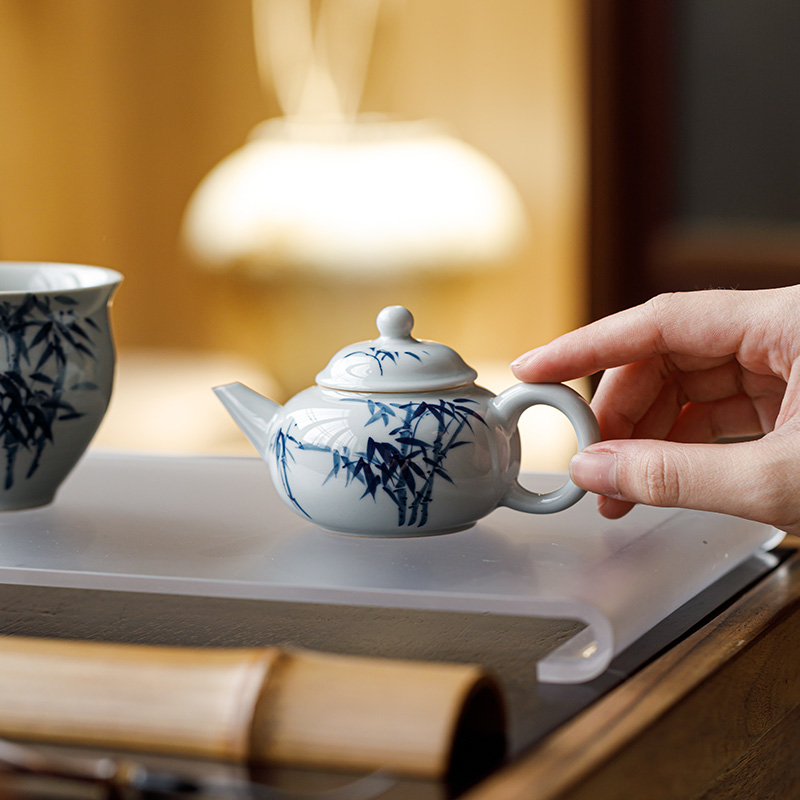仿古釉青花蓝竹水平壶单个茶壶陶瓷复古家用带过滤泡茶器功夫茶具