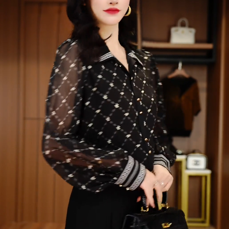 黑色网纱雪纺长袖衬衫女士2025秋季新款洋气减龄宽松显瘦薄款上衣