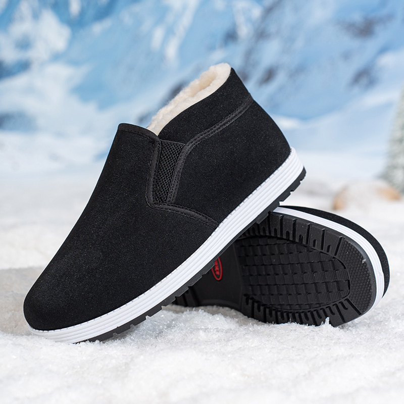 冬季加绒加厚老北京布棉鞋男一脚蹬防滑耐磨户外中老年休闲保暖鞋