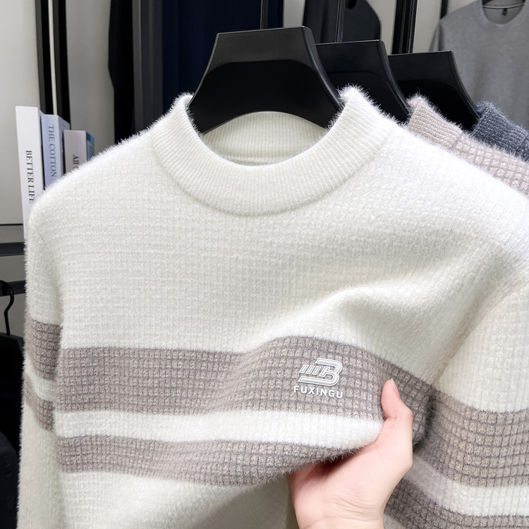 男士冬季半高领针织衫一体绒雪貂毛衣加厚保暖舒适打底衫上衣内搭