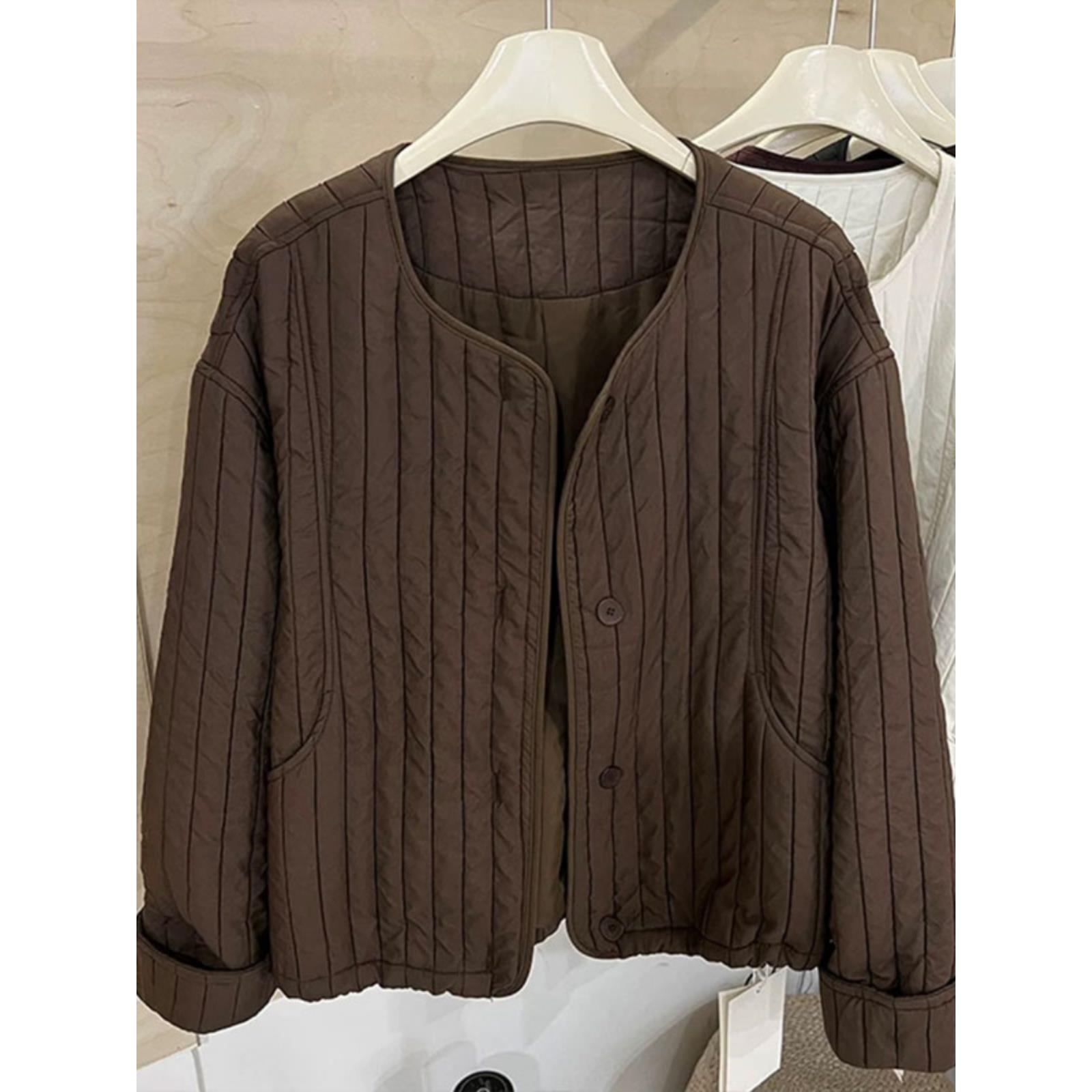 COS MOCO UR正品时髦覆古气质圆领坑条长袖棉服女秋冬新学生面包