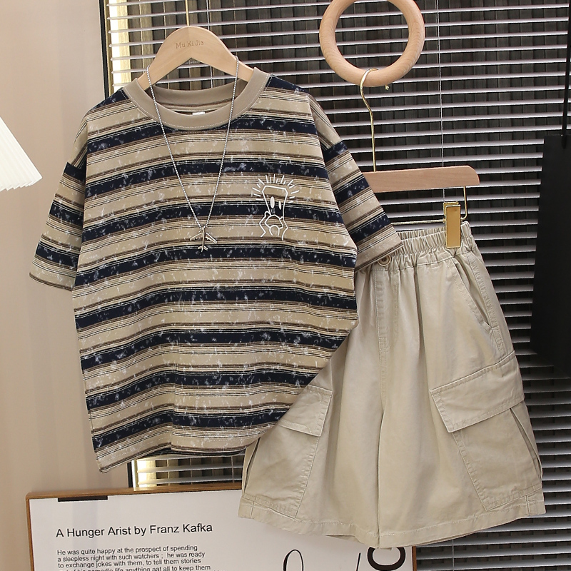 童装夏装t恤短袖2025新款儿童夏季纯棉条纹体恤男孩潮牌炸街上衣T