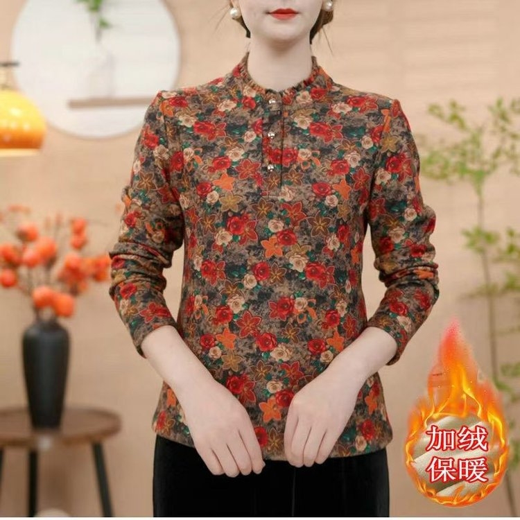 秋冬新款洋气双面德绒衫木耳领上衣加绒加厚保暖打底衫妈妈装上衣