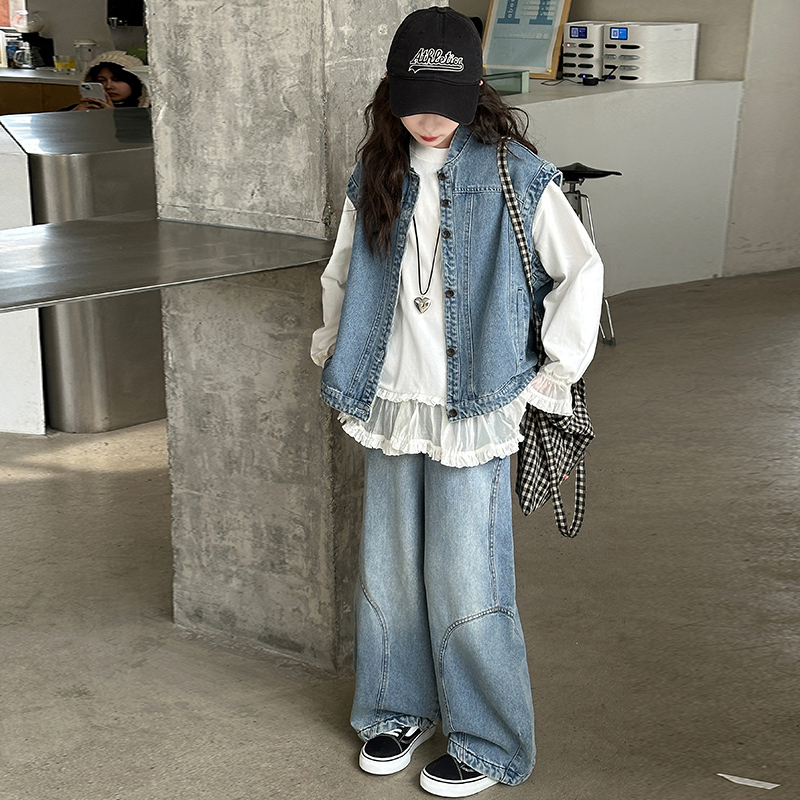 女童牛仔套装秋季2025新款女大童春秋款洋气马甲衬衫儿童秋装上衣