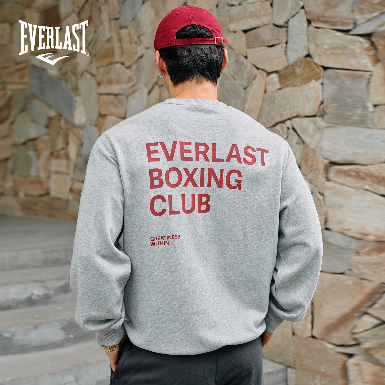 美国EVERLAST拳击运动休闲训练美式复古男女同款纯棉灰色圆领卫衣
