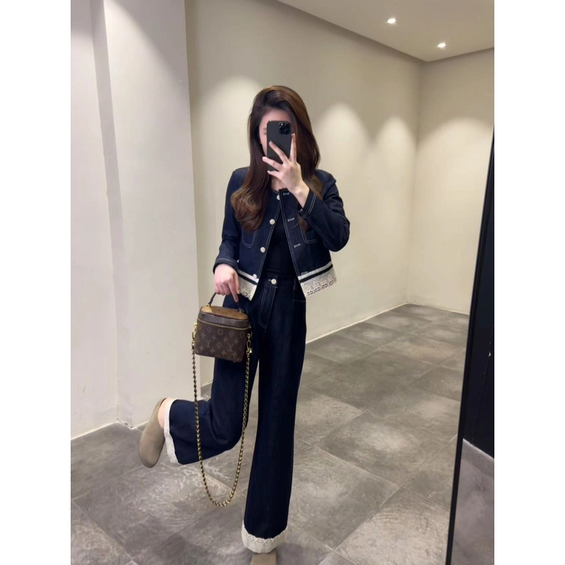 【现货】设计师款 气质蕾丝边牛仔套装两件套洋气显瘦套装两件套