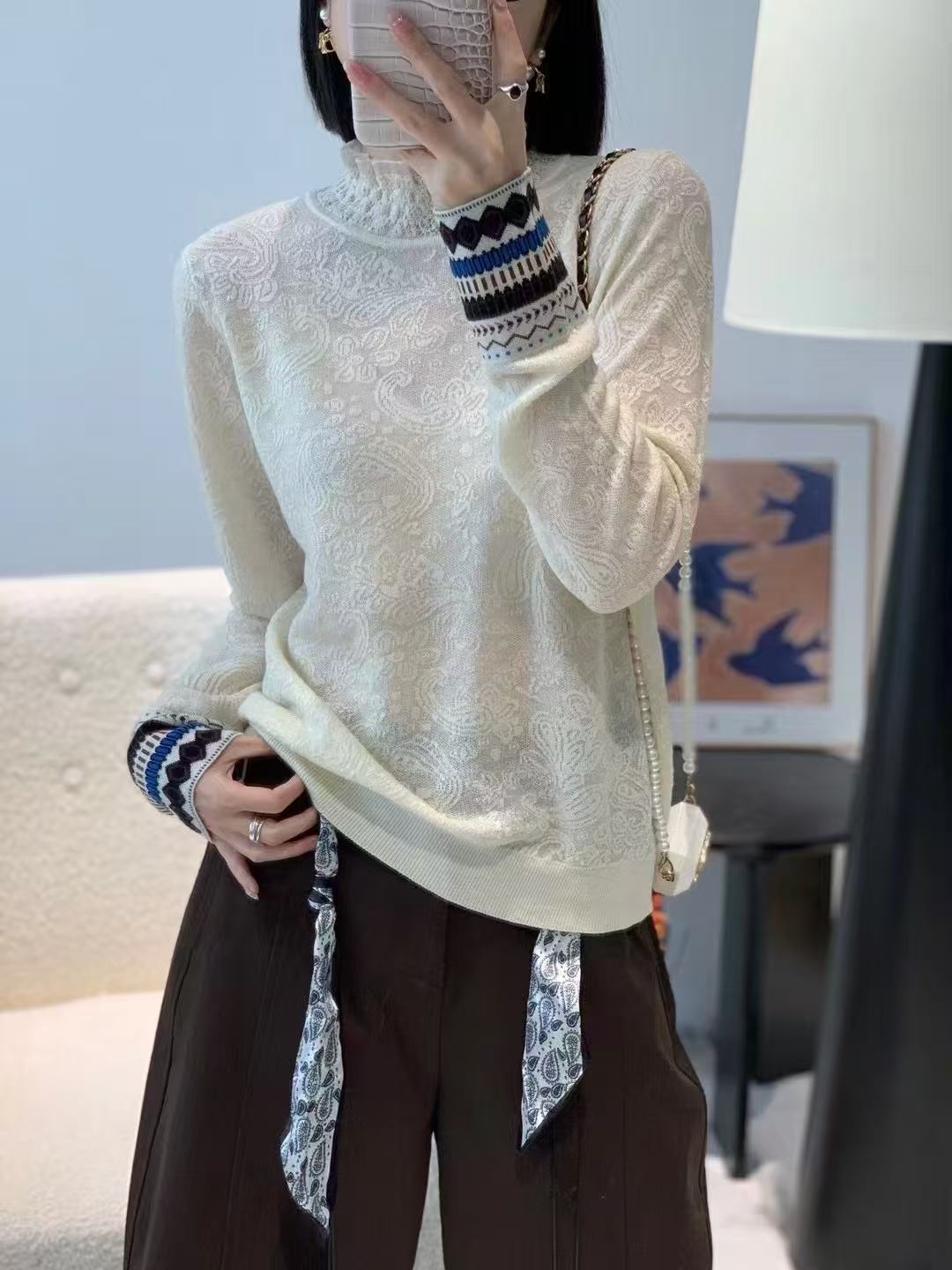 蕾丝花边领复古提花长袖针织衫浮雕网红打底衫百搭套头上衣