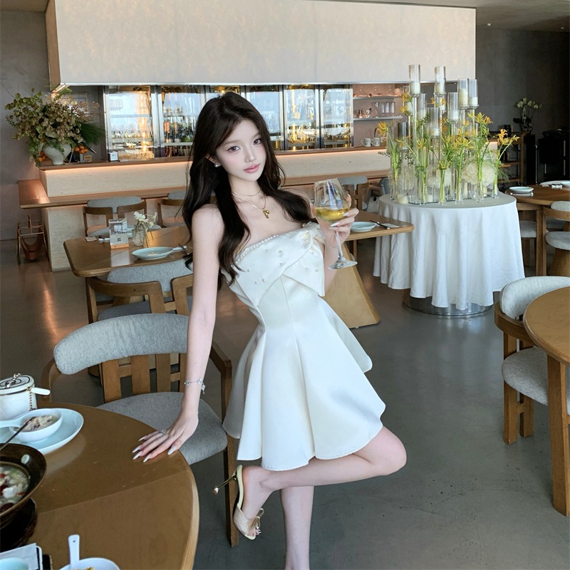 法式轻奢风重工一字肩蝴蝶结气质氛围感吊带连衣裙生日宴会礼服裙