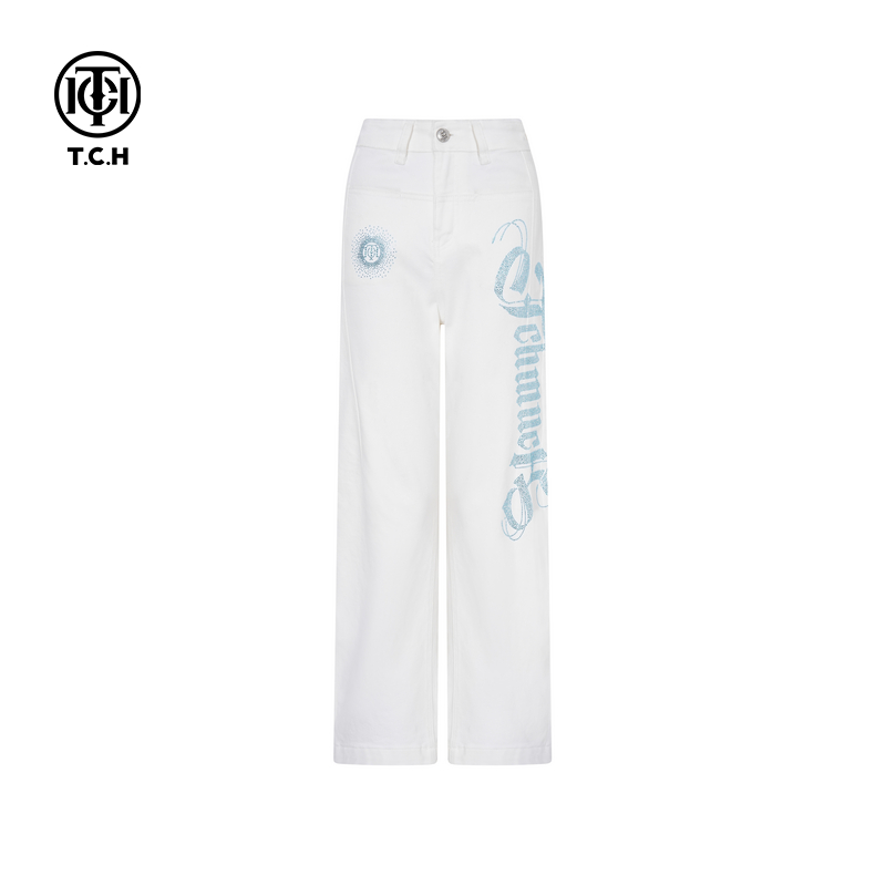 TCH私服秋款时尚休闲风烫钻淑女白色牛仔裤T75C20E5156轻奢tch