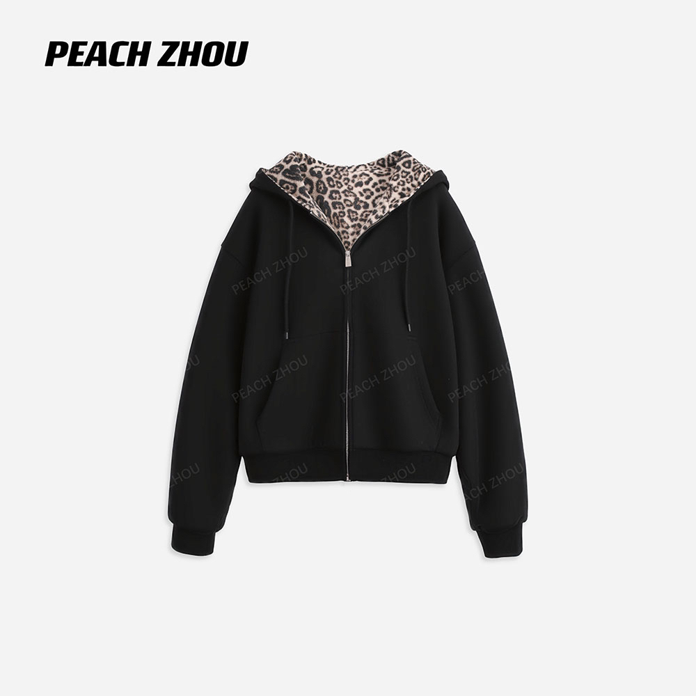 『PEACHZHOU』双面穿豹纹绒感宽松连帽外套休闲洋气拉链卫衣帽衫女