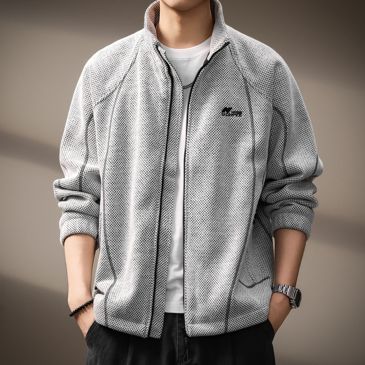 高端日系复古编织纹理拼接外套男秋冬新款宽松潮流休闲立领夹克男