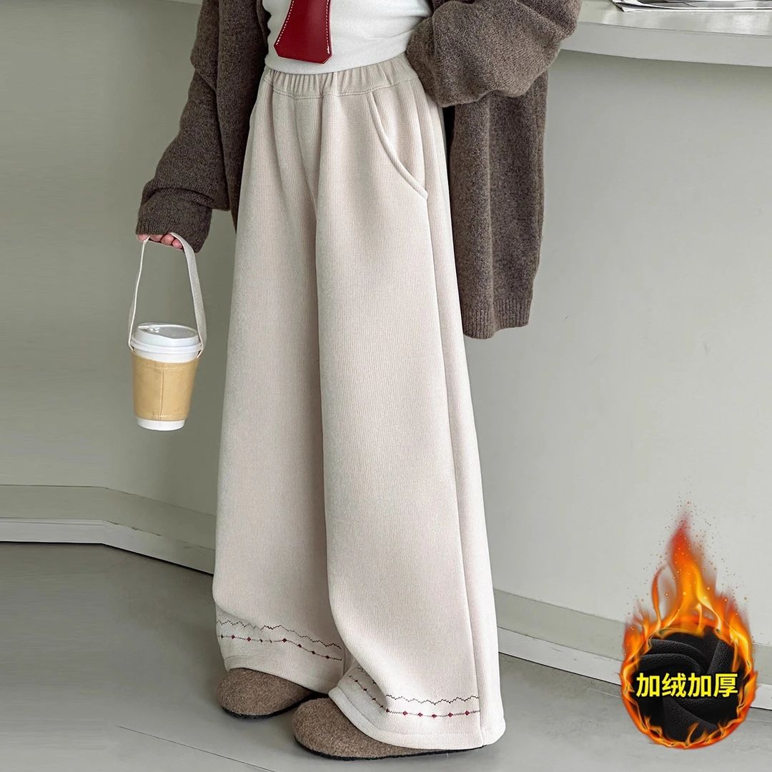 女童加绒加厚阔腿裤中大童冬装一体绒裤子儿童装洋气休闲裤直筒裤