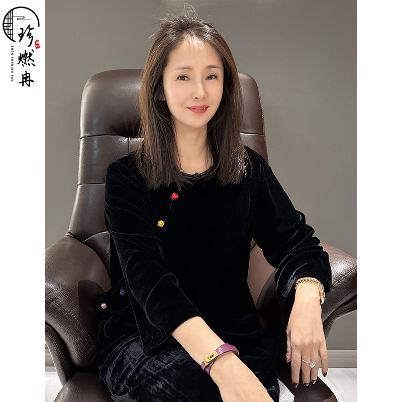 【珍珍优品】【彩虹丝绒】新中式气质圆领时尚蚕丝百搭上衣S-10566