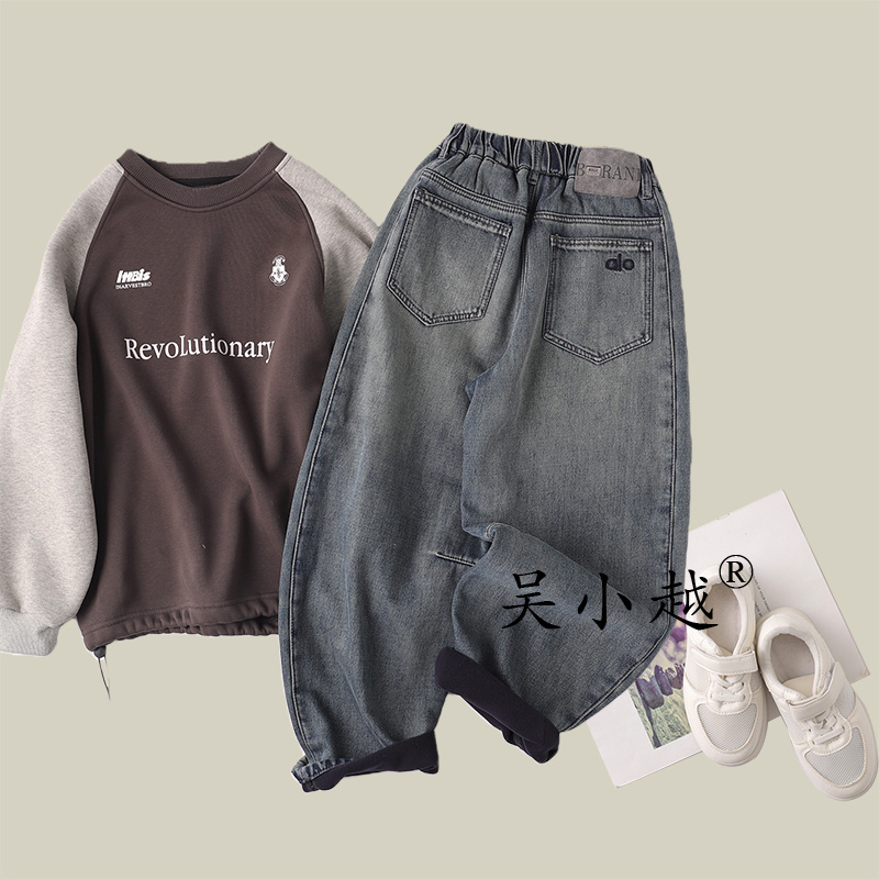 吴小越w1782男童加绒牛仔裤冬款刺绣痞帅男孩冬新款韩版长裤