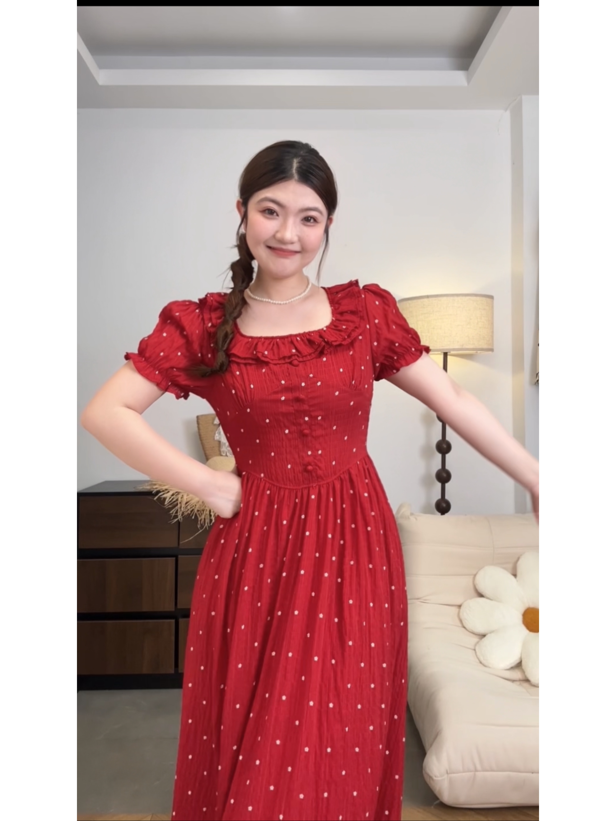 大胖妹mm法式显瘦百搭短袖甜美风方领碎花红色连衣裙