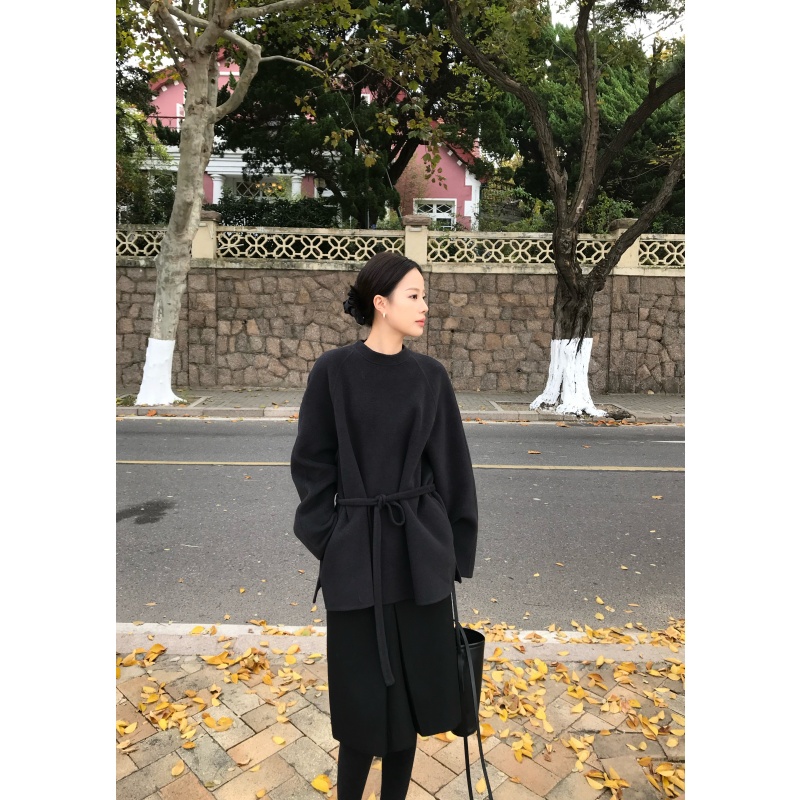ZHONG HE · 25秋冬新款清冷气质宽松圆领羊毛系带双面呢上衣女