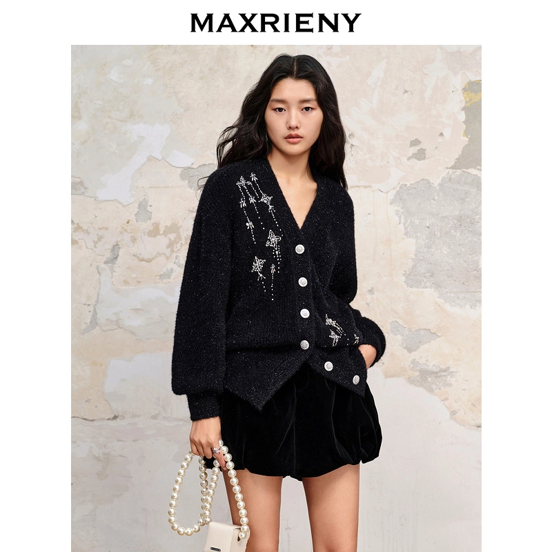 MAXRIENY精致复古感宽松针织开衫外套流星钉钻装饰上衣针织衫秋季