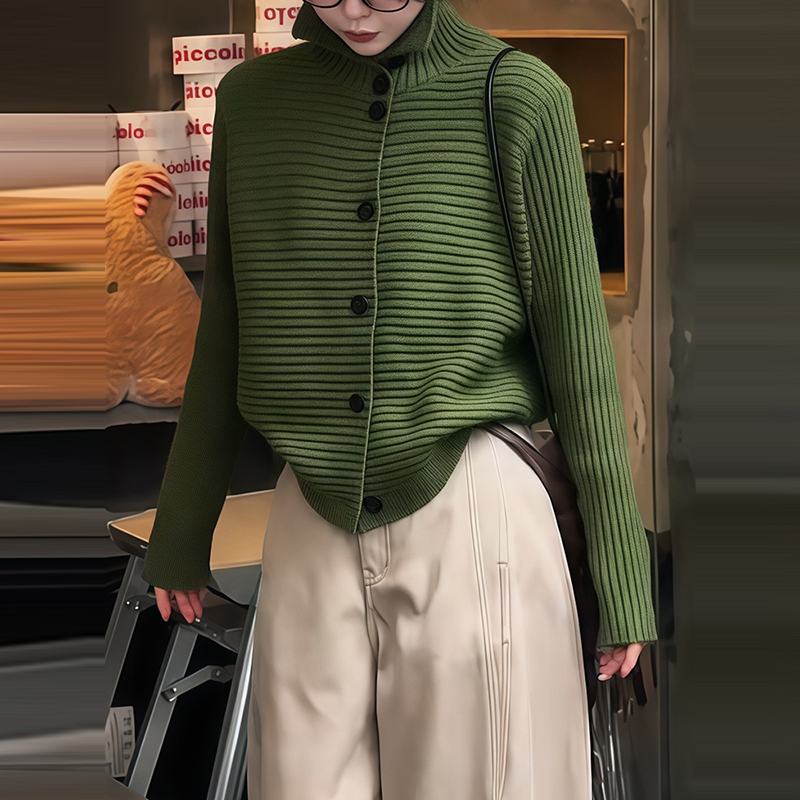 韩系慵懒风单排扣高领毛衣开衫女装新款秋冬宽松高级感针织衫上衣