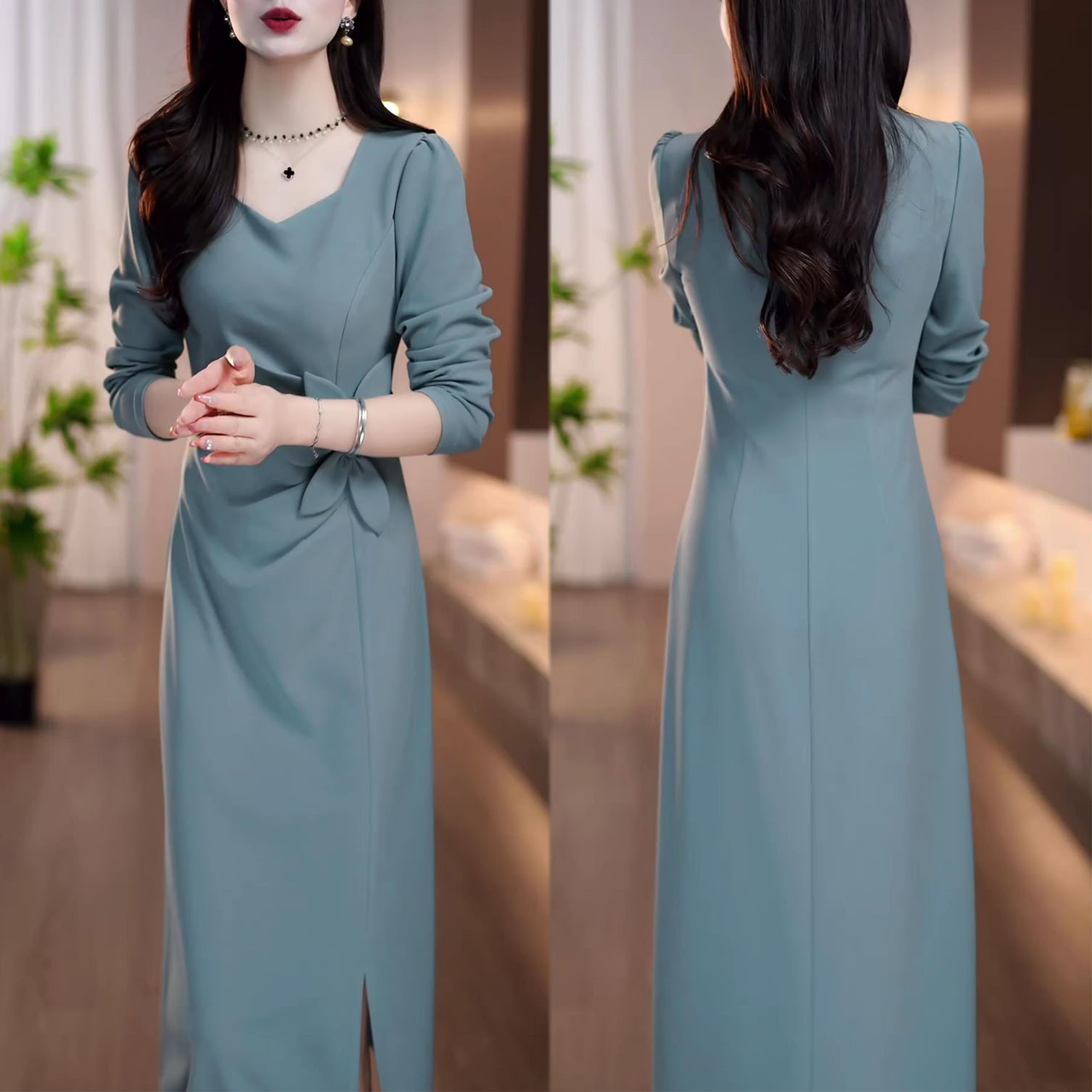 时尚法式轻奢长袖连衣裙女2025年秋季新款气质显瘦中长款开叉裙子