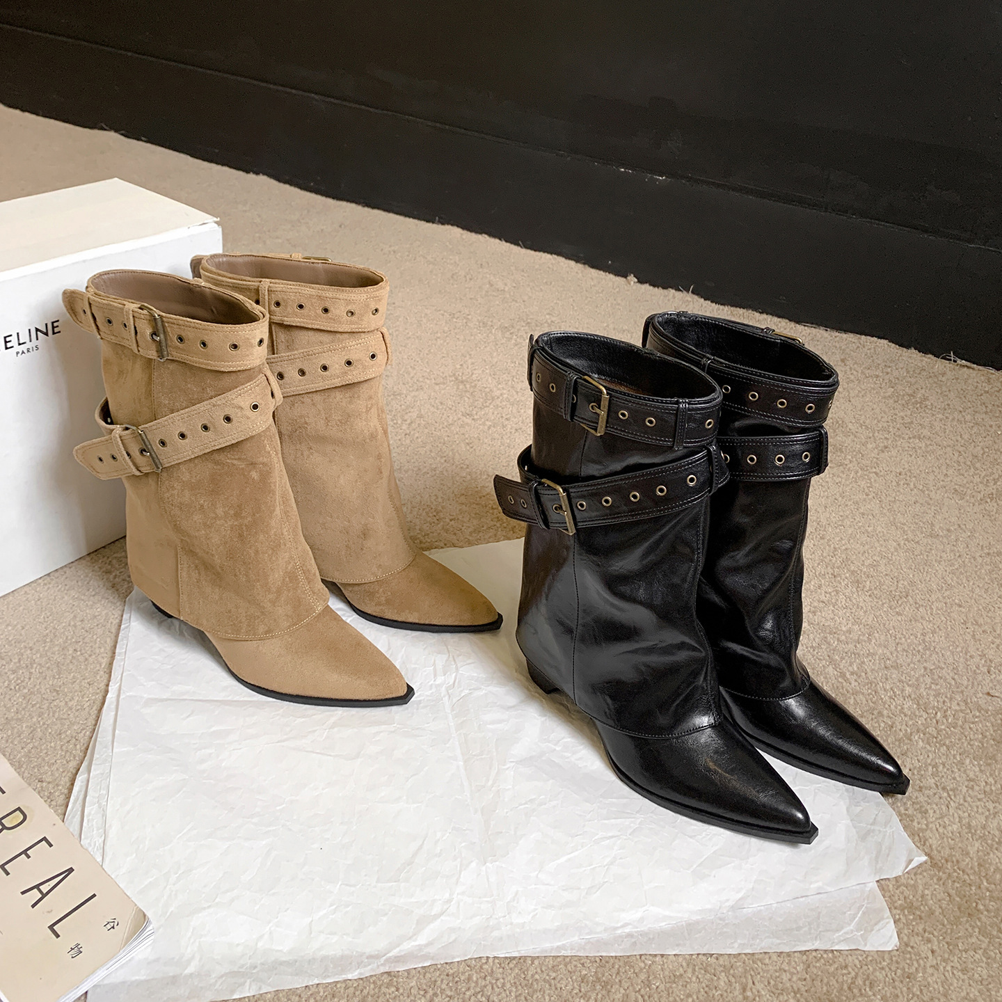 羊皮版~不过膝骑士靴美式辣妹皮带扣裤管靴短筒靴女靴西部靴子女