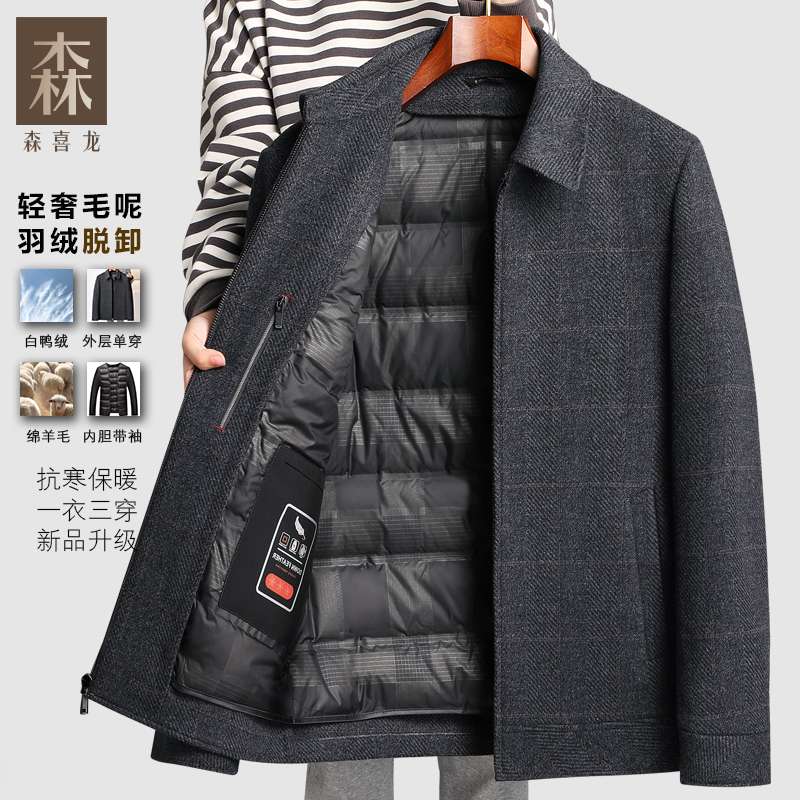 奥莱【品牌撤柜】中老年人羽绒服男2025款冬季脱卸羊毛呢大衣短款