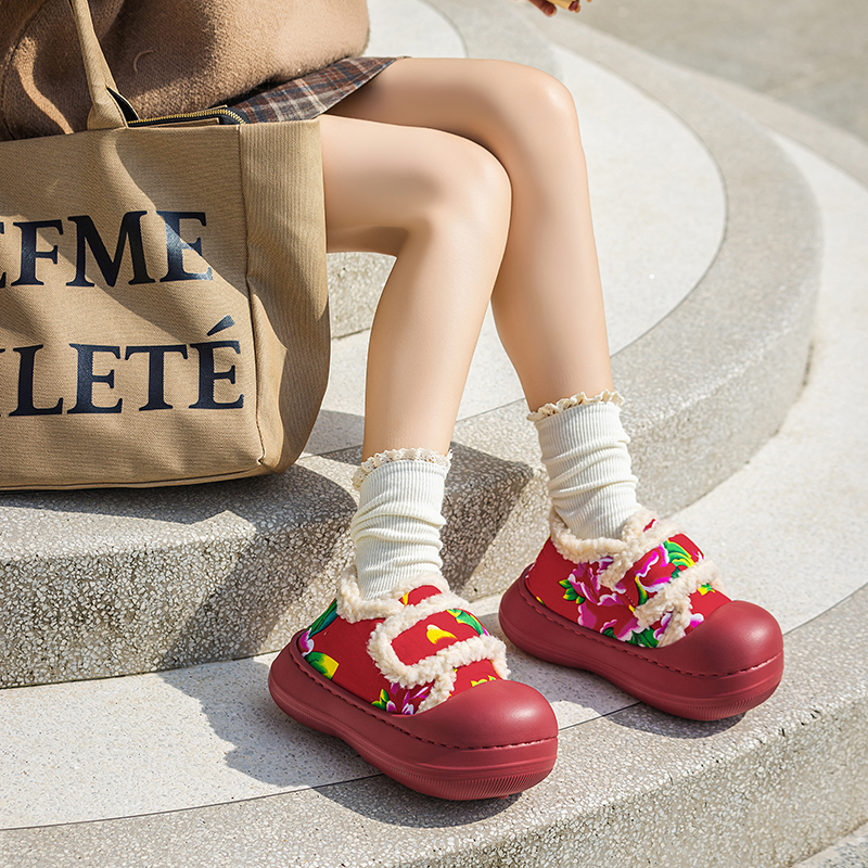 东北大花棉鞋女冬季外穿厚底防滑防撞增高保暖毛绒红色包跟棉拖鞋