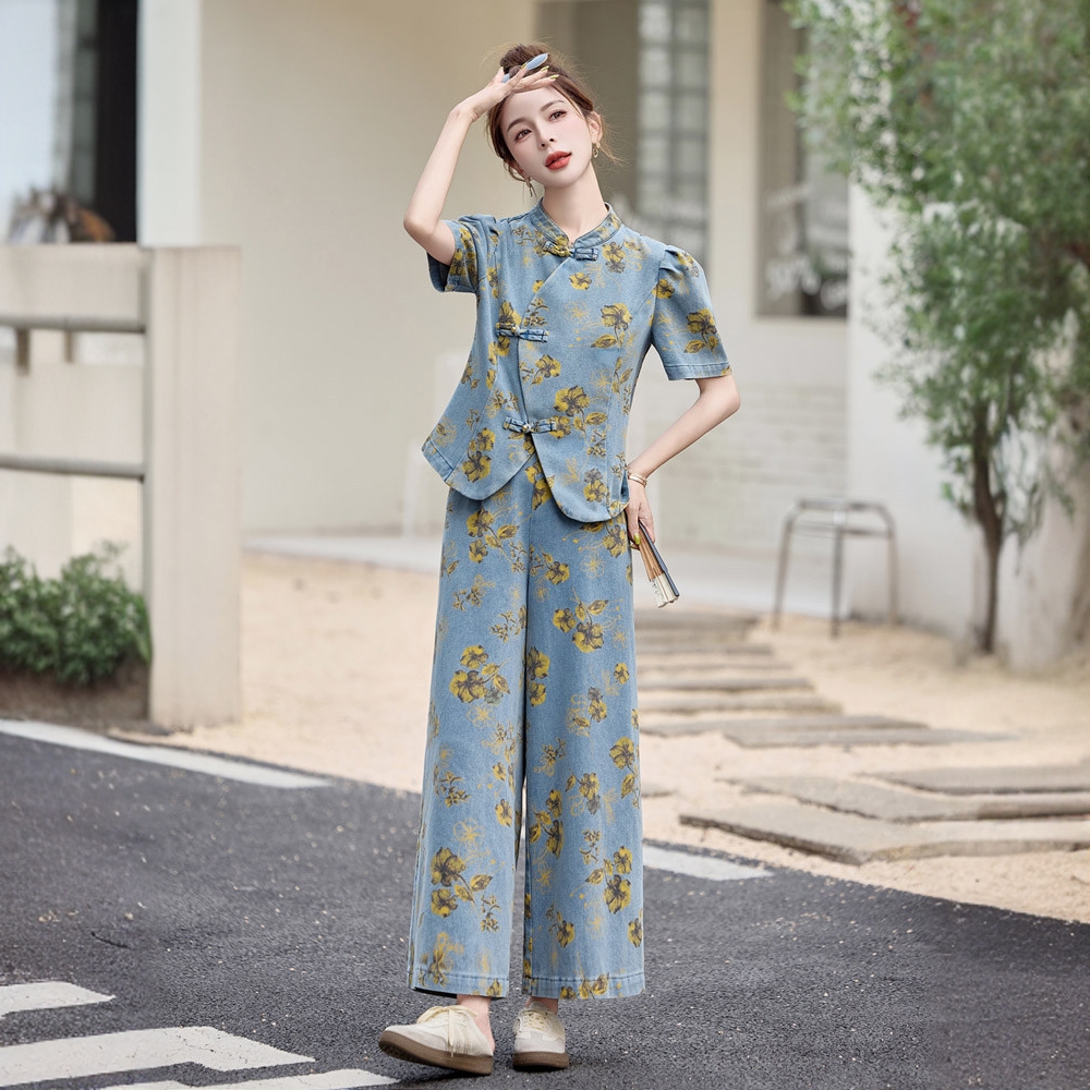 新中式国风时尚牛仔套装女2025夏季新款减龄阔腿裤气质印花两件套