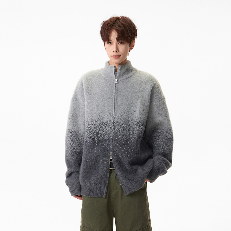 撞色仿貂毛渐变开衫男女立领宽松针织衫时尚高级个性百搭