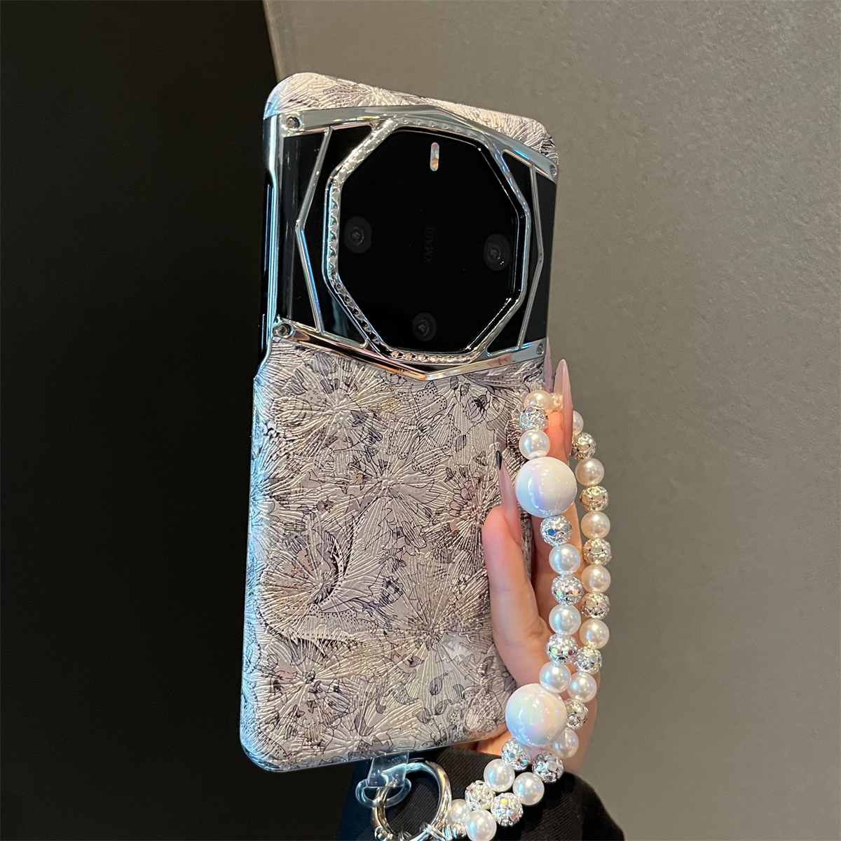 银锦花卉珍珠手链适用华为mate70pro+手机壳国风高档全包防摔超薄