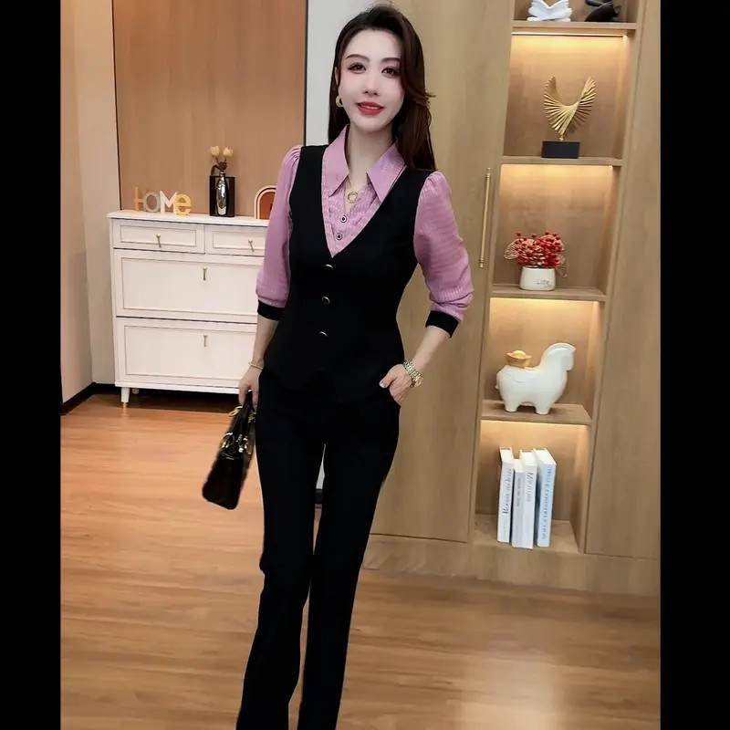 2025早秋时尚收腰显瘦套装长袖拼接上衣阔腿裤洋气春秋两件套穿搭