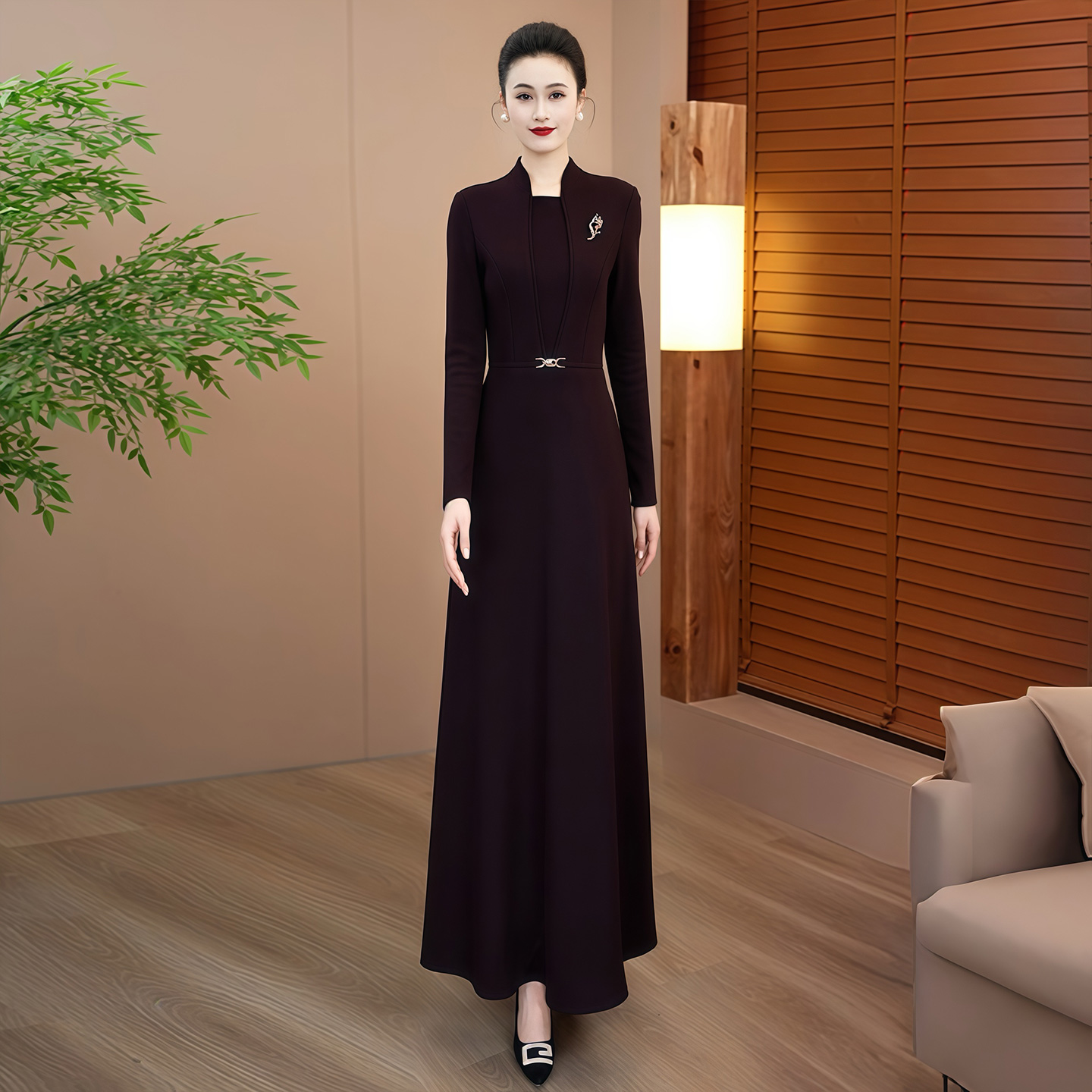 黛紫色冬季加绒加厚连衣裙2025年新款上新显瘦轻奢高级感长款裙86