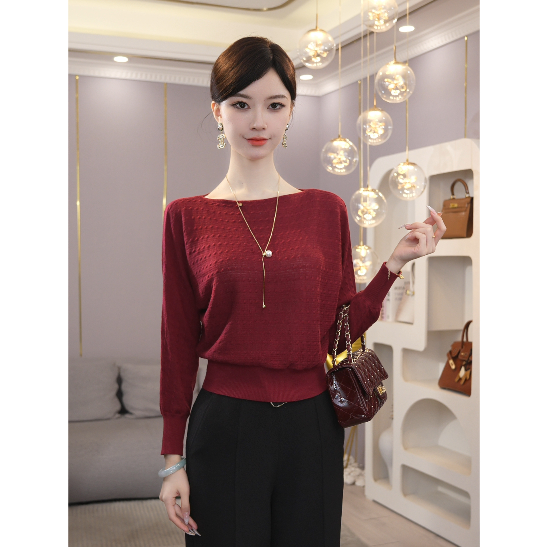 2026年秋冬新款【7947】含绵羊毛长袖高级感气质轻奢红色针织毛衣女