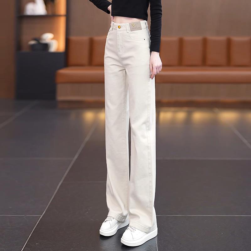爆款品质米白软牛仔阔腿裤女秋冬加绒加厚新款休闲窄版直筒裤